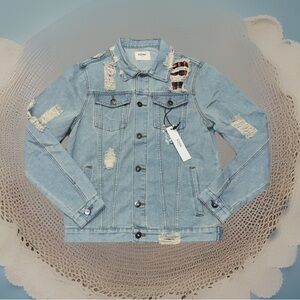 Modern Vintage Light Blue Distressed Denim Jacket W/Flannel Patches 100 % Cotton